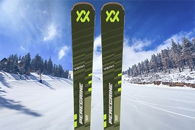 The Volkl Sport Ski Rental Package on a background of a blue run at Park City Mountain Resort.