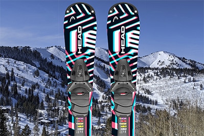 cut out of rental snowblades on a background of snow covered peaks at the Canyons in Park City, Utah