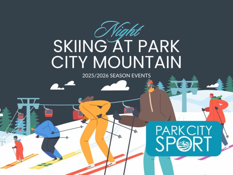 graphic of colorful skiers skiing down the mountain at night in Park City, Utah