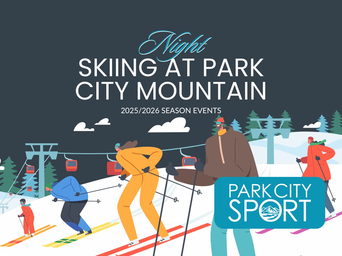 graphic of colorful skiers skiing down the mountain at night in Park City, Utah