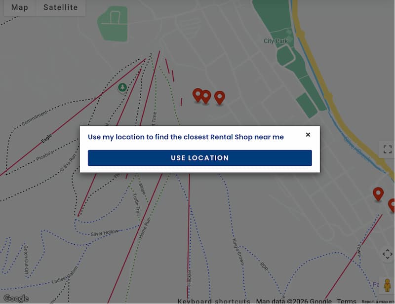 screenshot of the location finder for Park City Sport ski shops