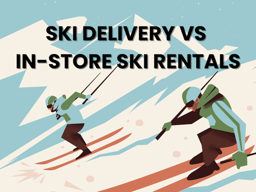 ski art with two skier skiing down a run with text about ski delivery and in store rentals